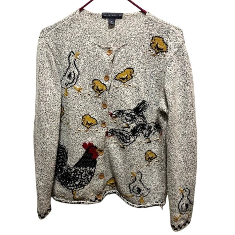 Vintage Northern Isles Chicken Cardigan Sweater Womens Medium Rooster Hen